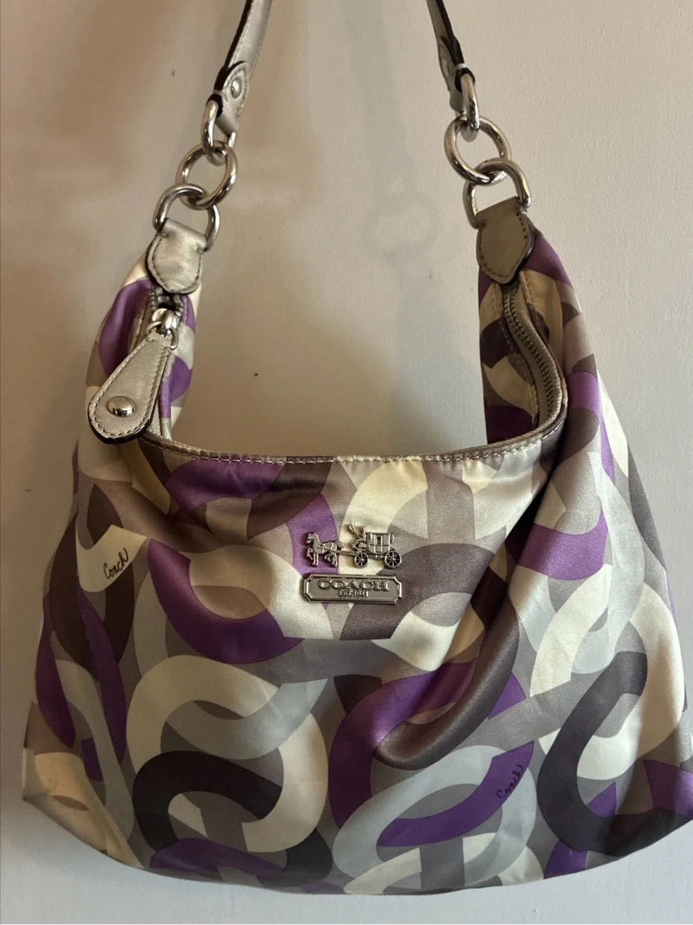 Authentic Coach-Madison Op-Art Sateen Hailey Hobo Bag Purp Gry Crm 14291 Y2K